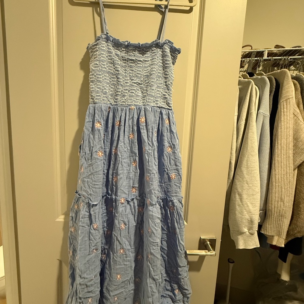 Blue Smocked Women’s Dress with Floral Embroidery